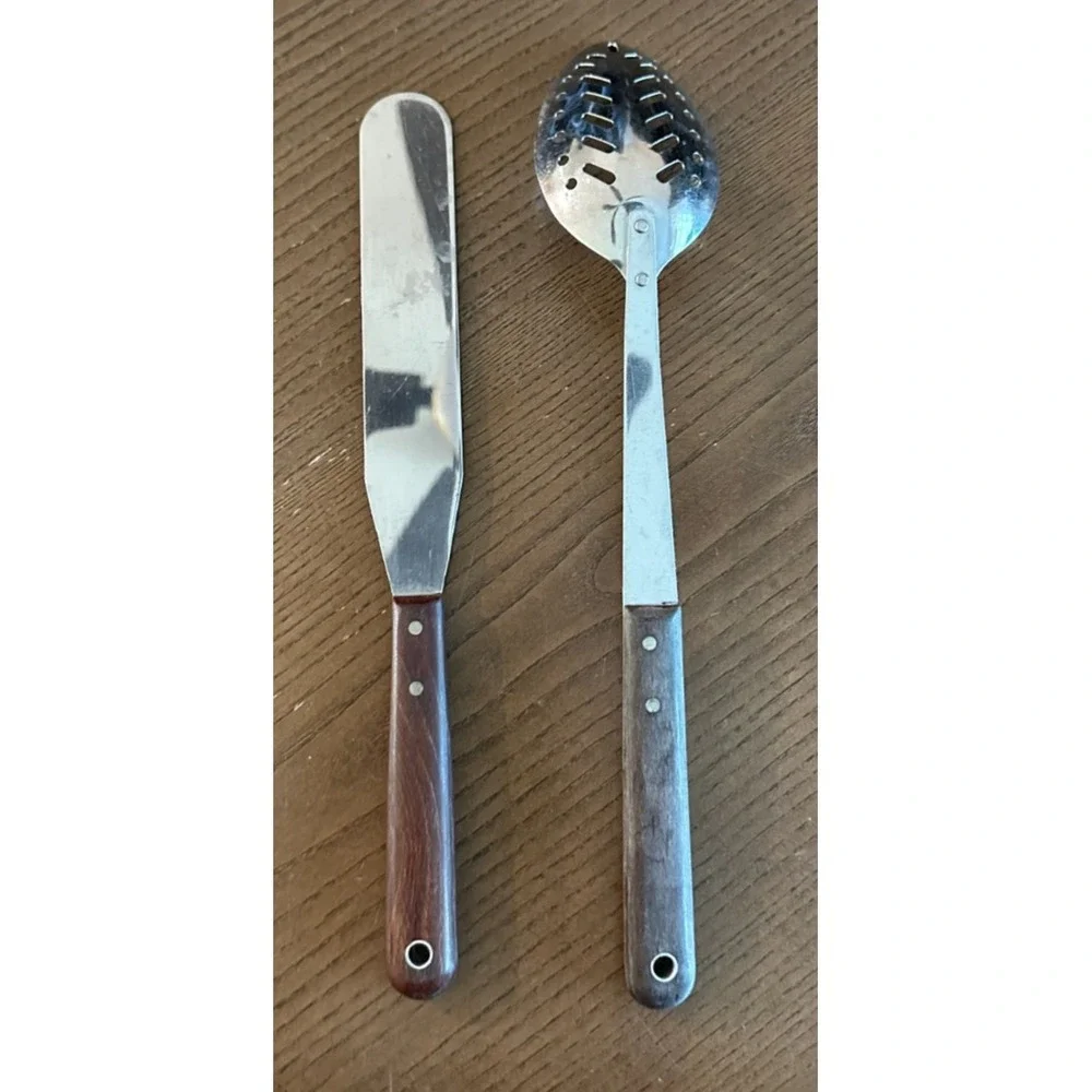 Vtg Spreader & Slotted Serving‎ Spoon Stainless Steel Wood Handle Cooking Japan